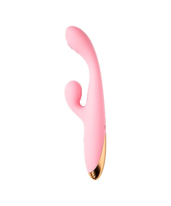 Vibrador rosa para estimulação do ponto G, recarregável e com design ergonômico.