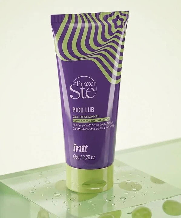 Gel deslizante Pico Lub com aroma de uva verde, embalagem roxa e verde, ideal para uso íntimo.