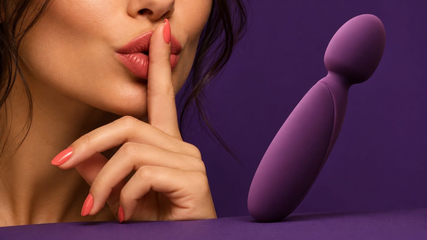 Mão fazendo gesto de silêncio ao lado de um vibrador de silicone sobre fundo violeta
